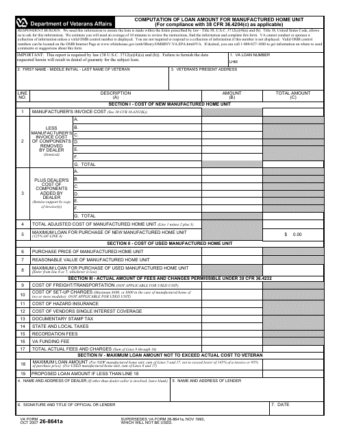 VA Form 26-8641a Computation of Loan Amount for Manufactured Home Unit