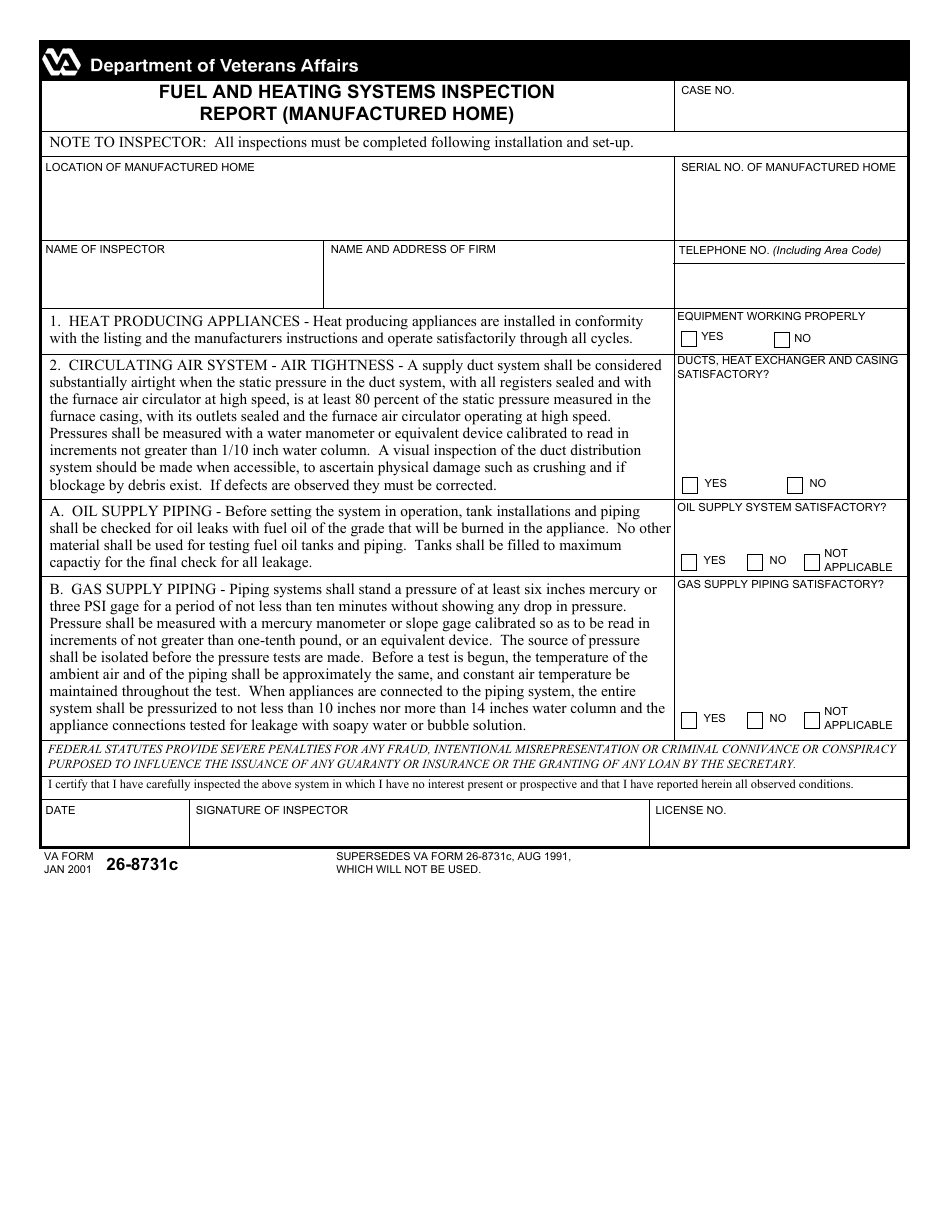 VA Form 26-8731c Fuel and Heating Systems Inspection Report (Manufactured Home), Page 1