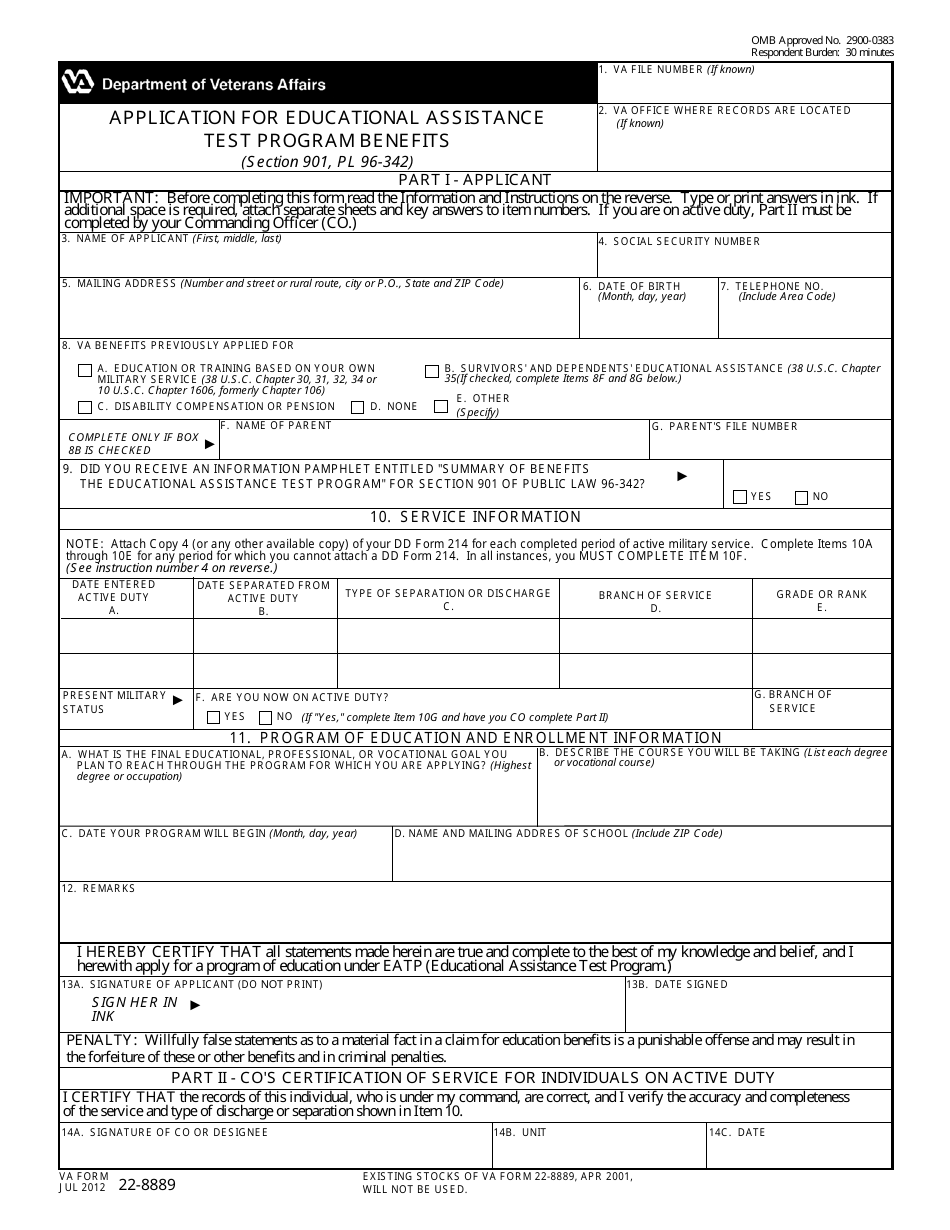 VA Form 22-8889 Application for Educational Assistance Test Program Benefits, Page 1