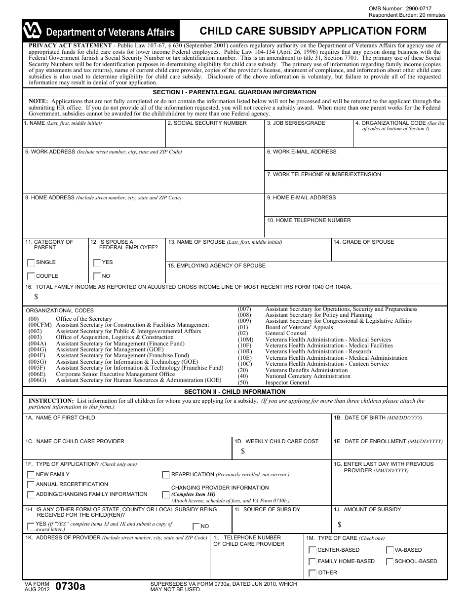 VA Form 0730a Child Care Subsidy Application Form, Page 1