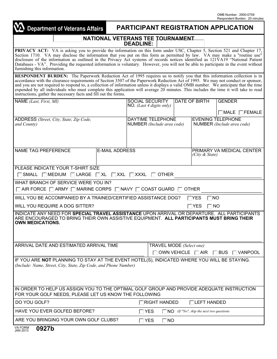 VA Form 0927b Participant Registration Application, Page 1