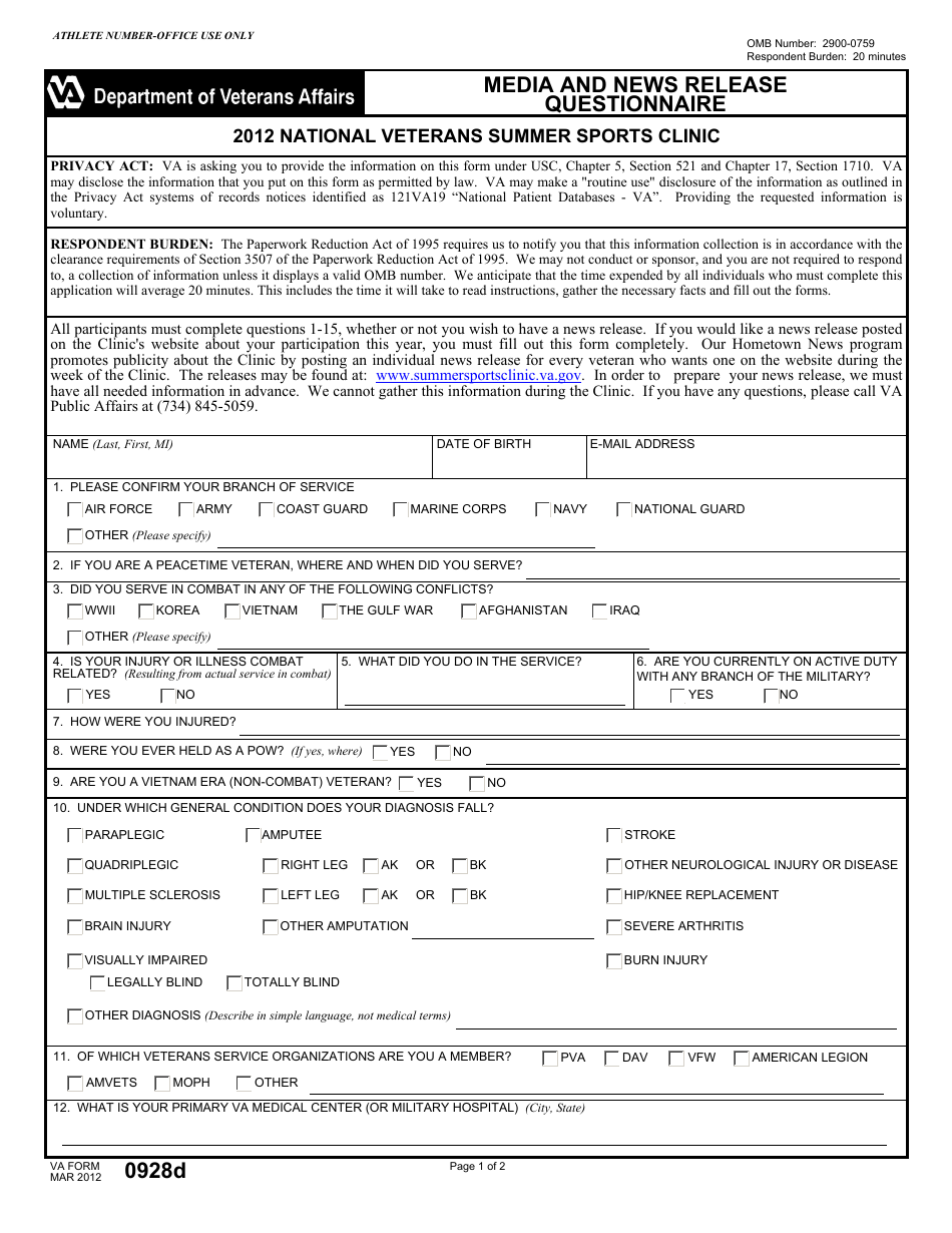 VA Form 0928d Media and News Release Questionnaire, Page 1