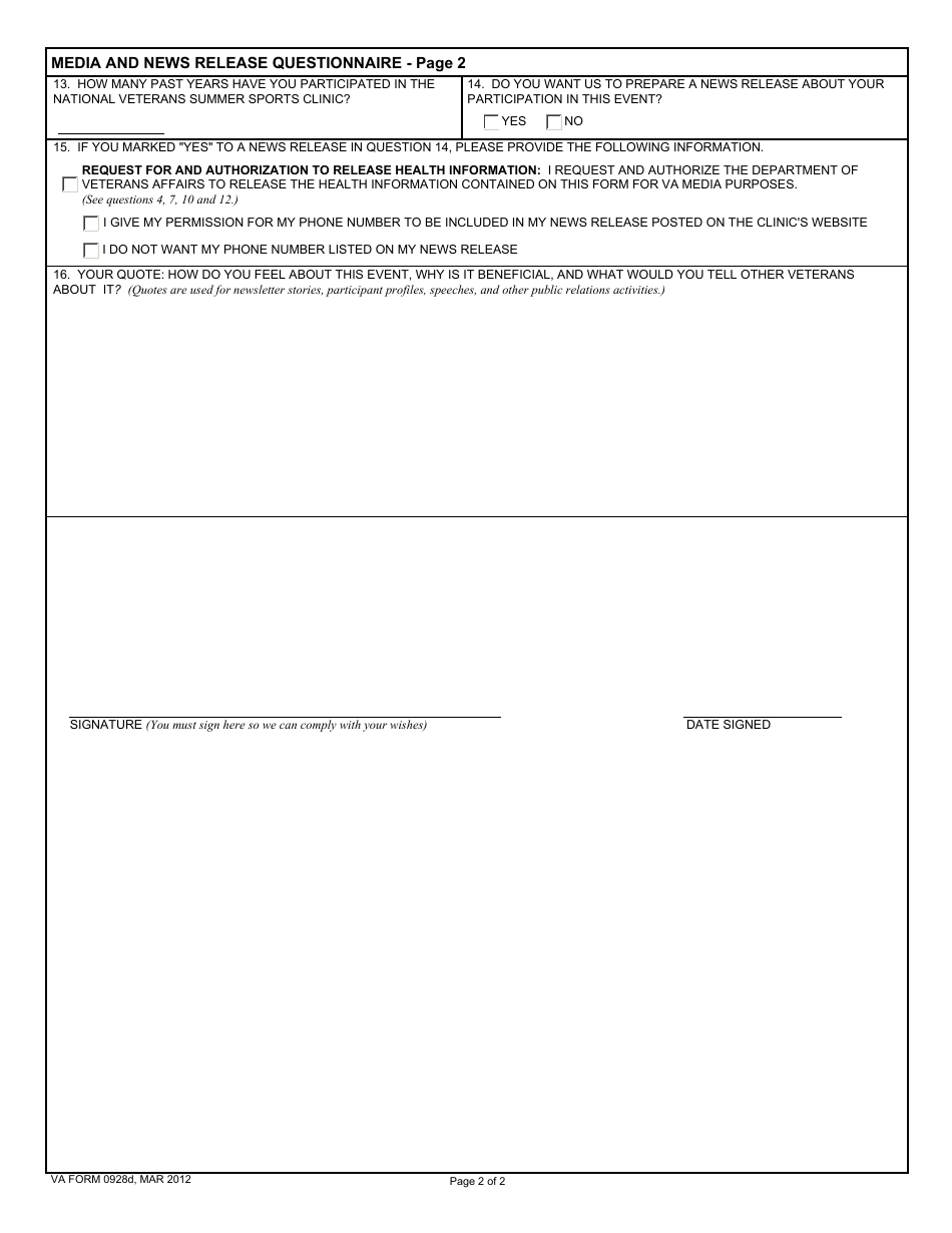 VA Form 0928d Media and News Release Questionnaire, Page 2