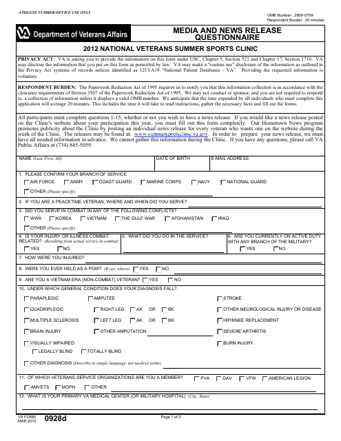 VA Form 0928d Media and News Release Questionnaire
