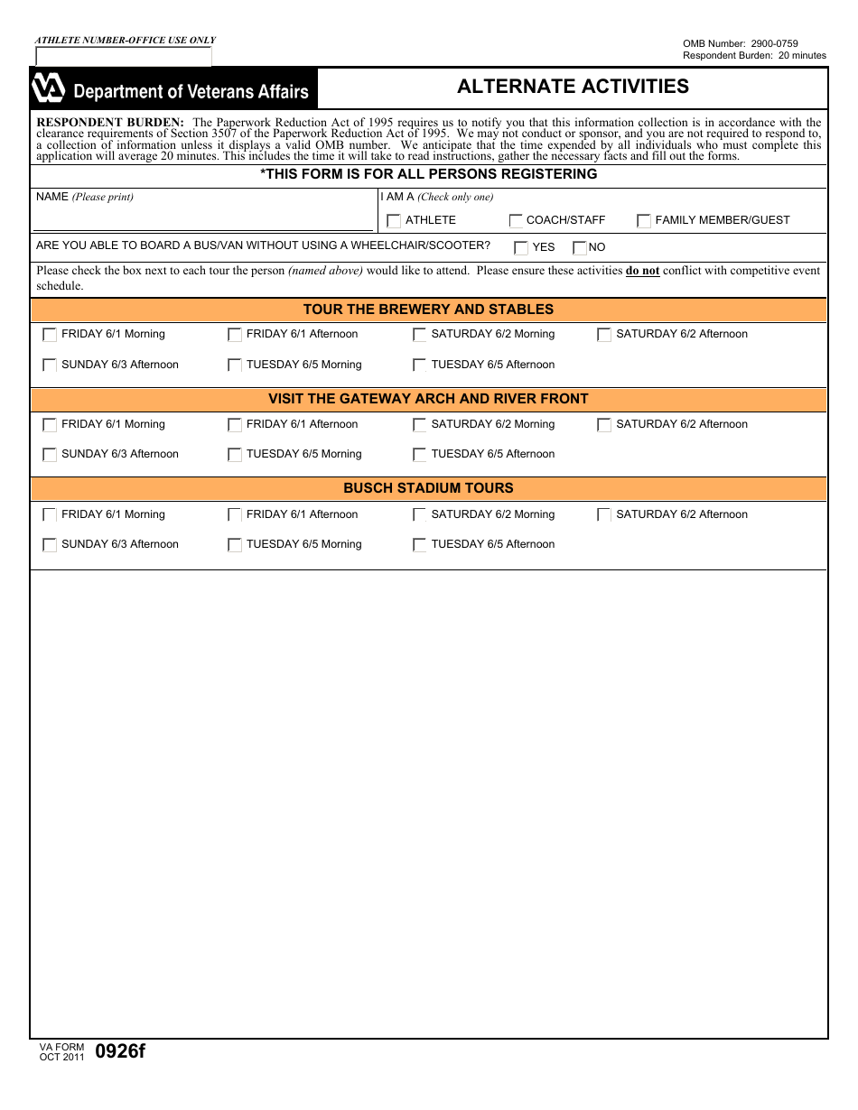 VA Form 0926f Alternate Activities, Page 1