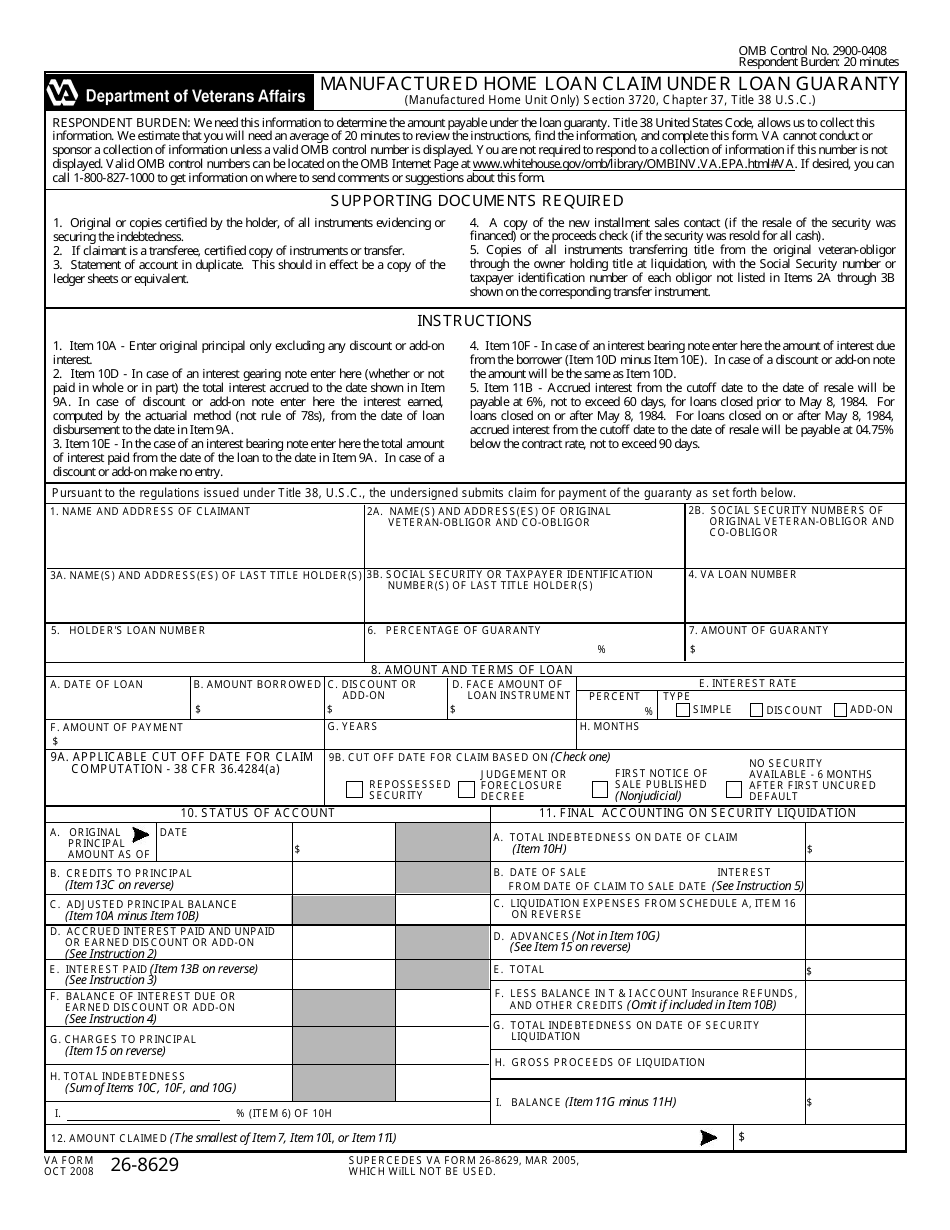 VA Form 26-8629 Manufactured Home Loan Claim Under Loan Guaranty, Page 1