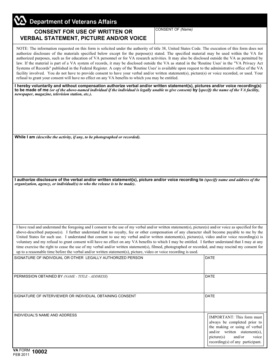 VA Form 10002 Consent for Use of Written or Verbal Statement, Picture and / or Voice, Page 1