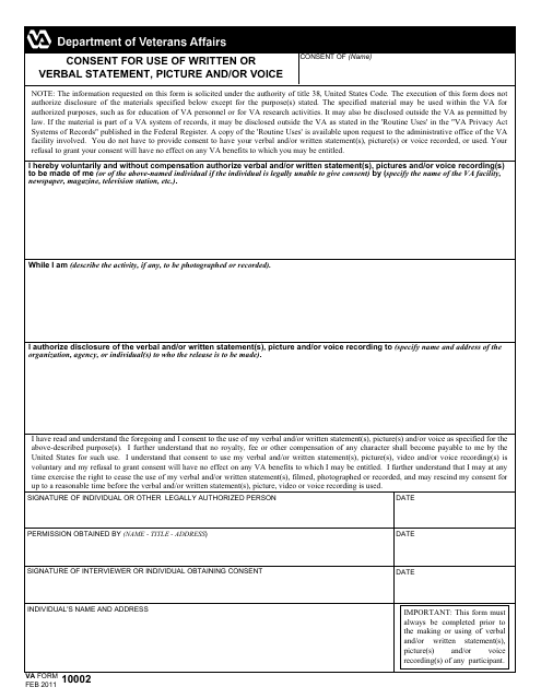 VA Form 10002 Consent for Use of Written or Verbal Statement, Picture and/or Voice