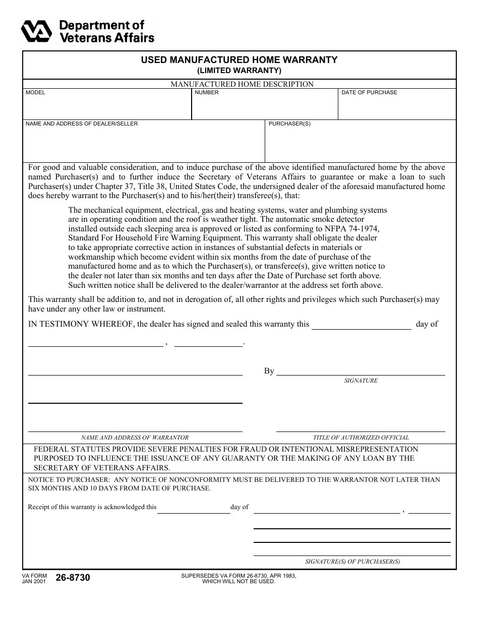 VA Form 26-8730 Used Manufactured Home Warranty (Limited Warranty), Page 1