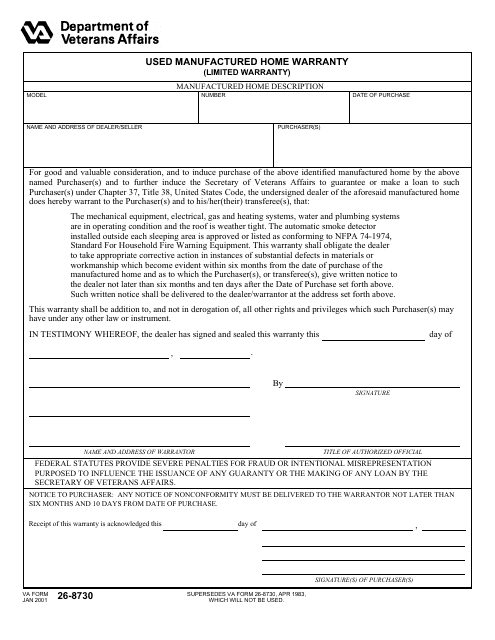 VA Form 26-8730 Used Manufactured Home Warranty (Limited Warranty)