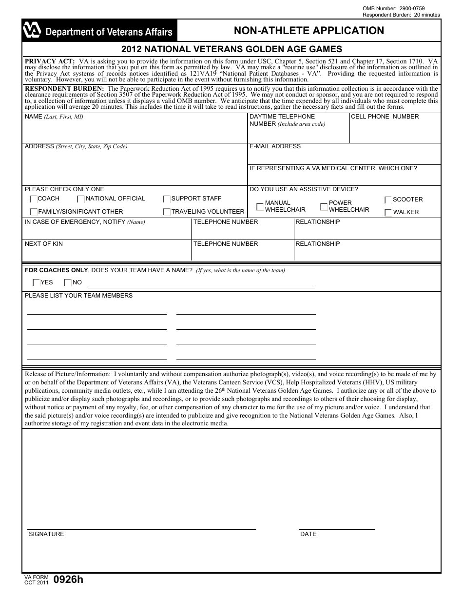 VA Form 0926h National Veterans Golden Age Games Non-athlete Application, Page 1