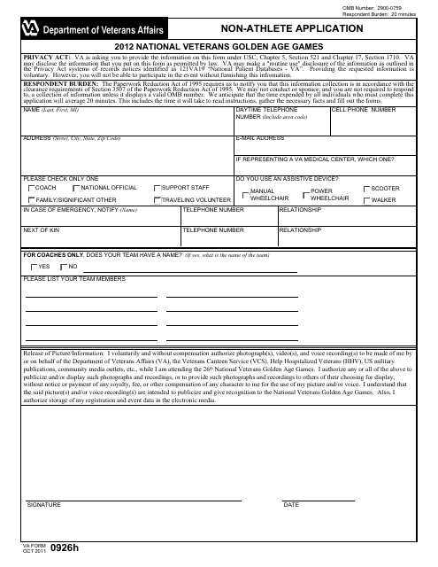 VA Form 0926h National Veterans Golden Age Games Non-athlete Application
