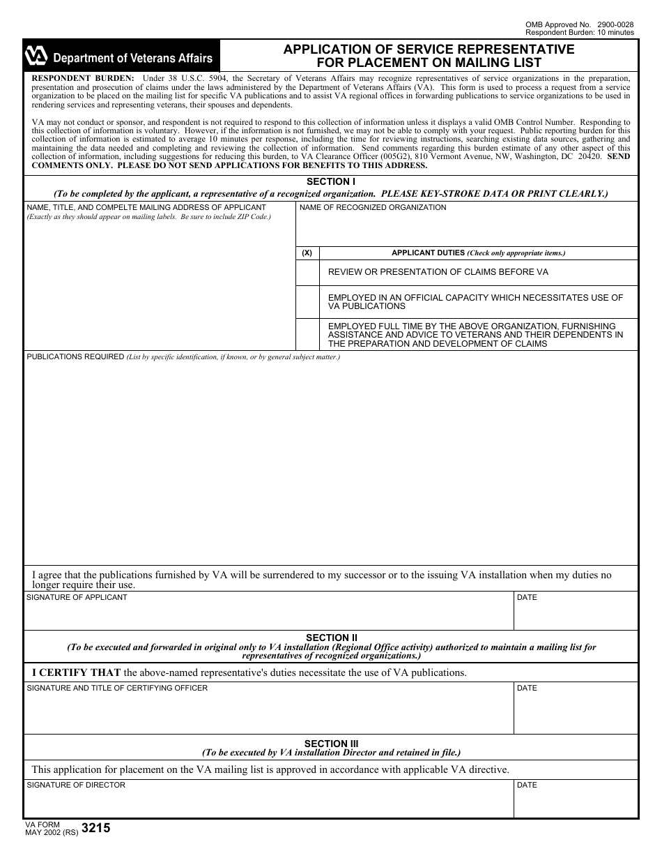 VA Form 3215 Application of Service Representative for Placement on Mailing List, Page 1