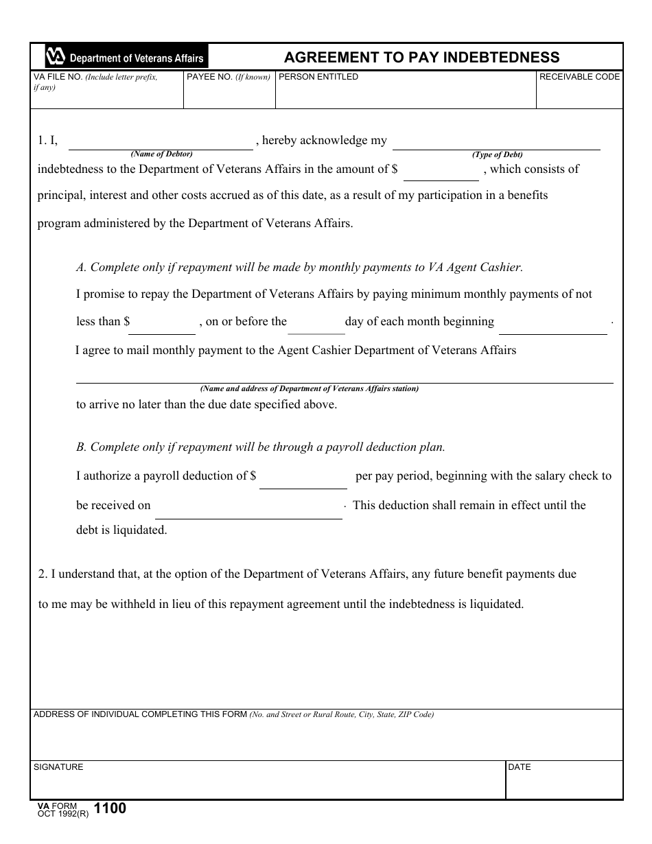 VA Form 1100 Agreement to Pay Indebtedness, Page 1