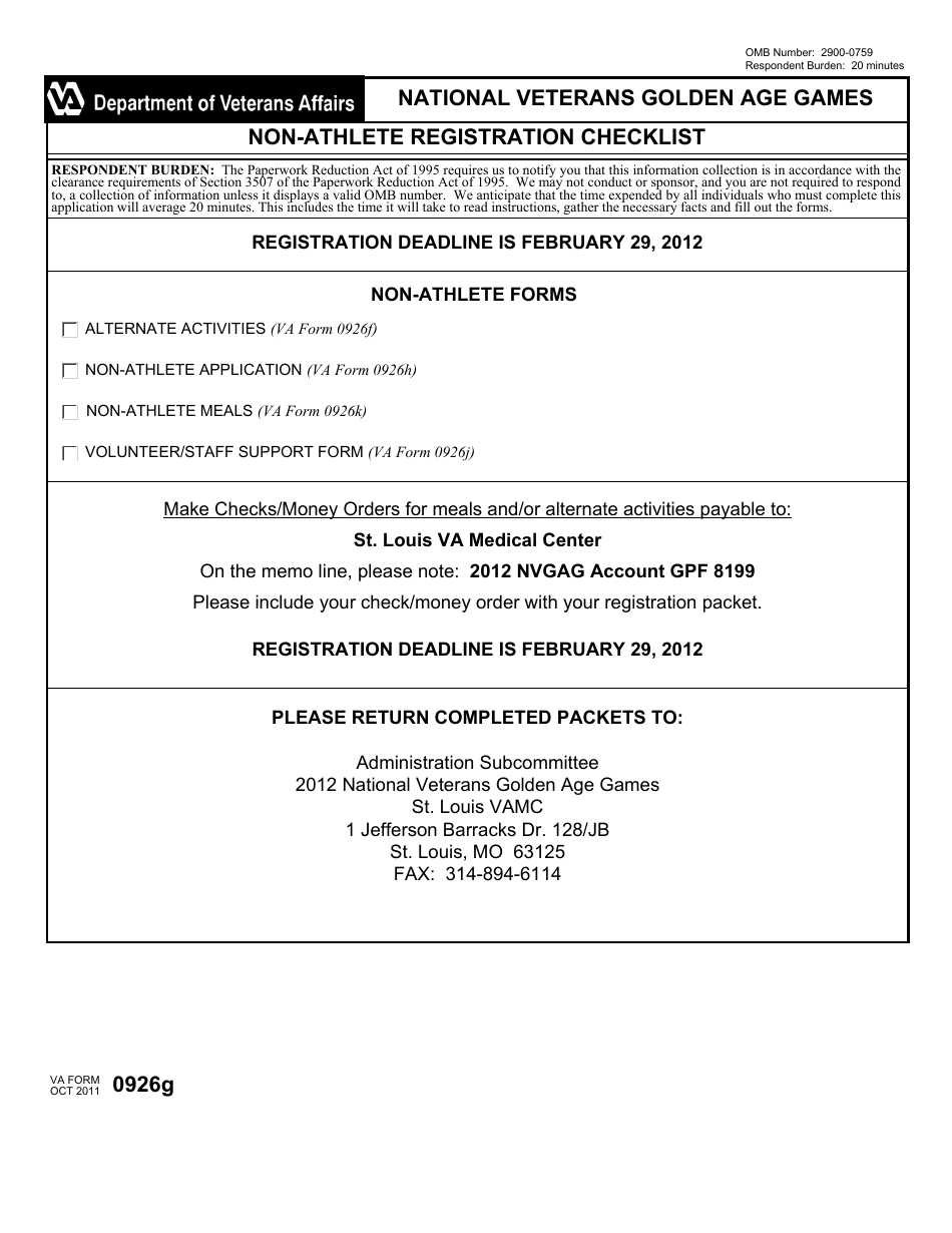VA Form 0926g National Veterans Golden Age Games Non-athlete Registration Checklist, Page 1
