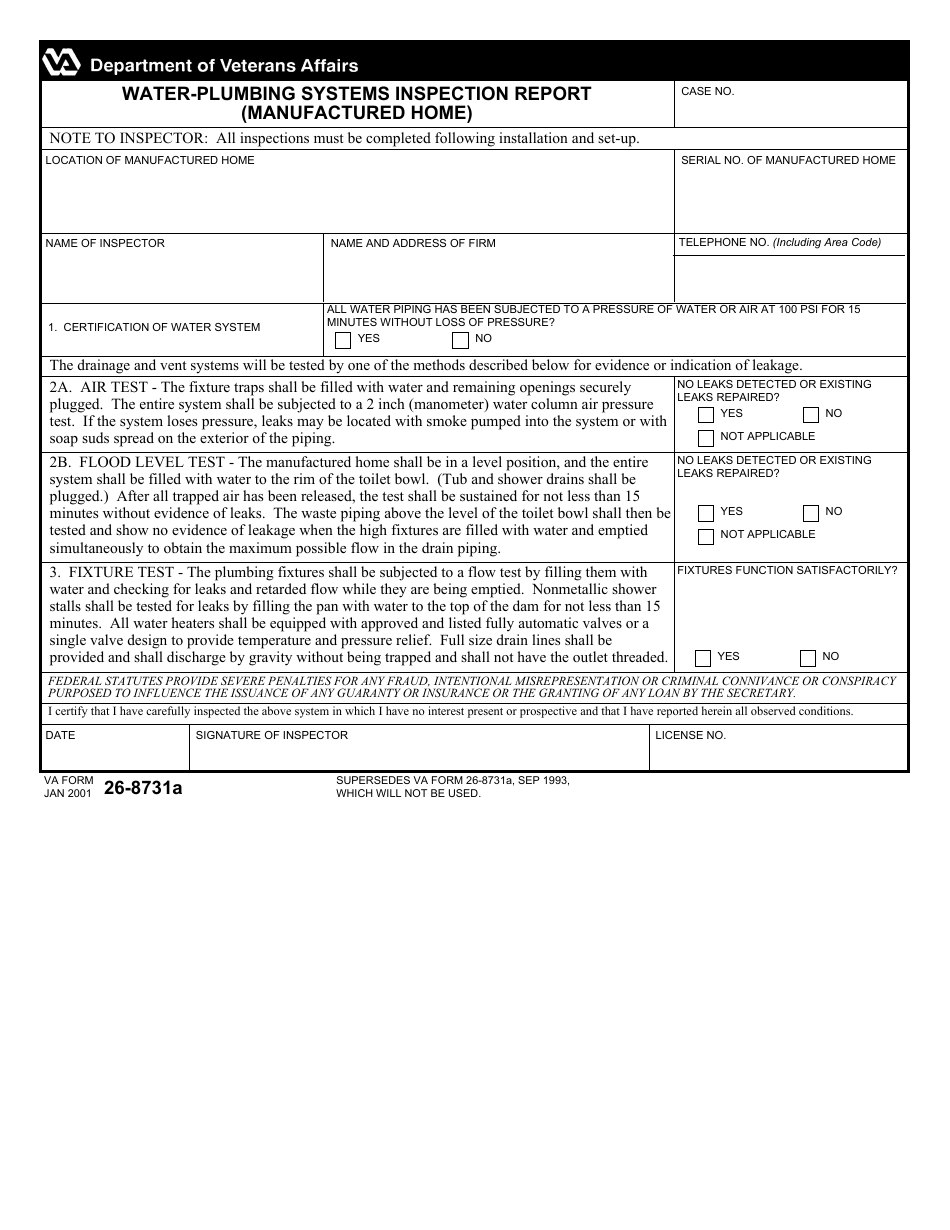 VA Form 26-8731a Water-Plumbing Systems Inspection Report (Manufactured Home), Page 1