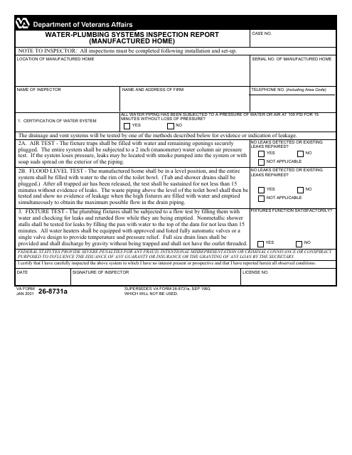 VA Form 26-8731a Water-Plumbing Systems Inspection Report (Manufactured Home)