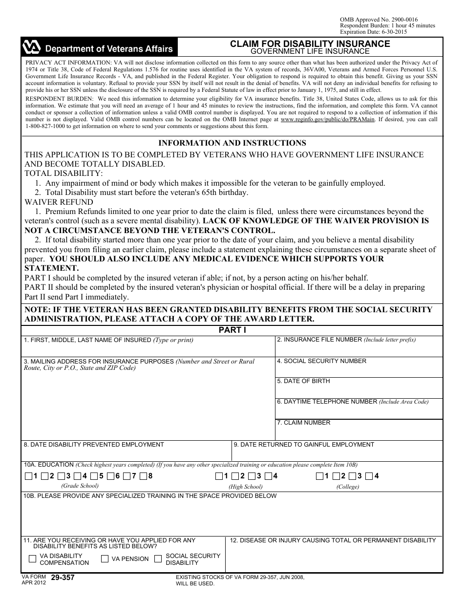 VA Form 29-357 Claim for Disability Insurance - Government Life Insurance, Page 1