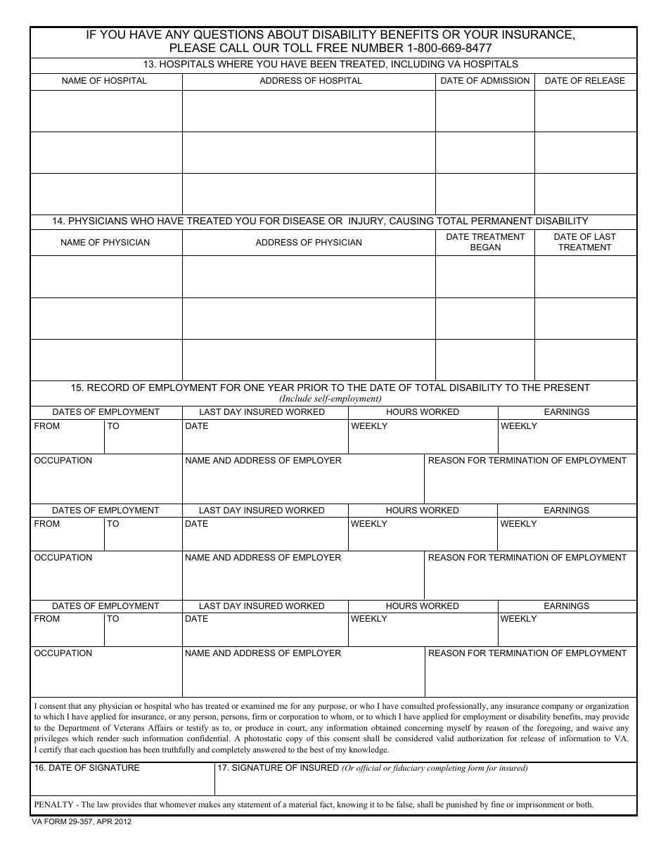 VA Form 29-357 Claim for Disability Insurance - Government Life Insurance, Page 2