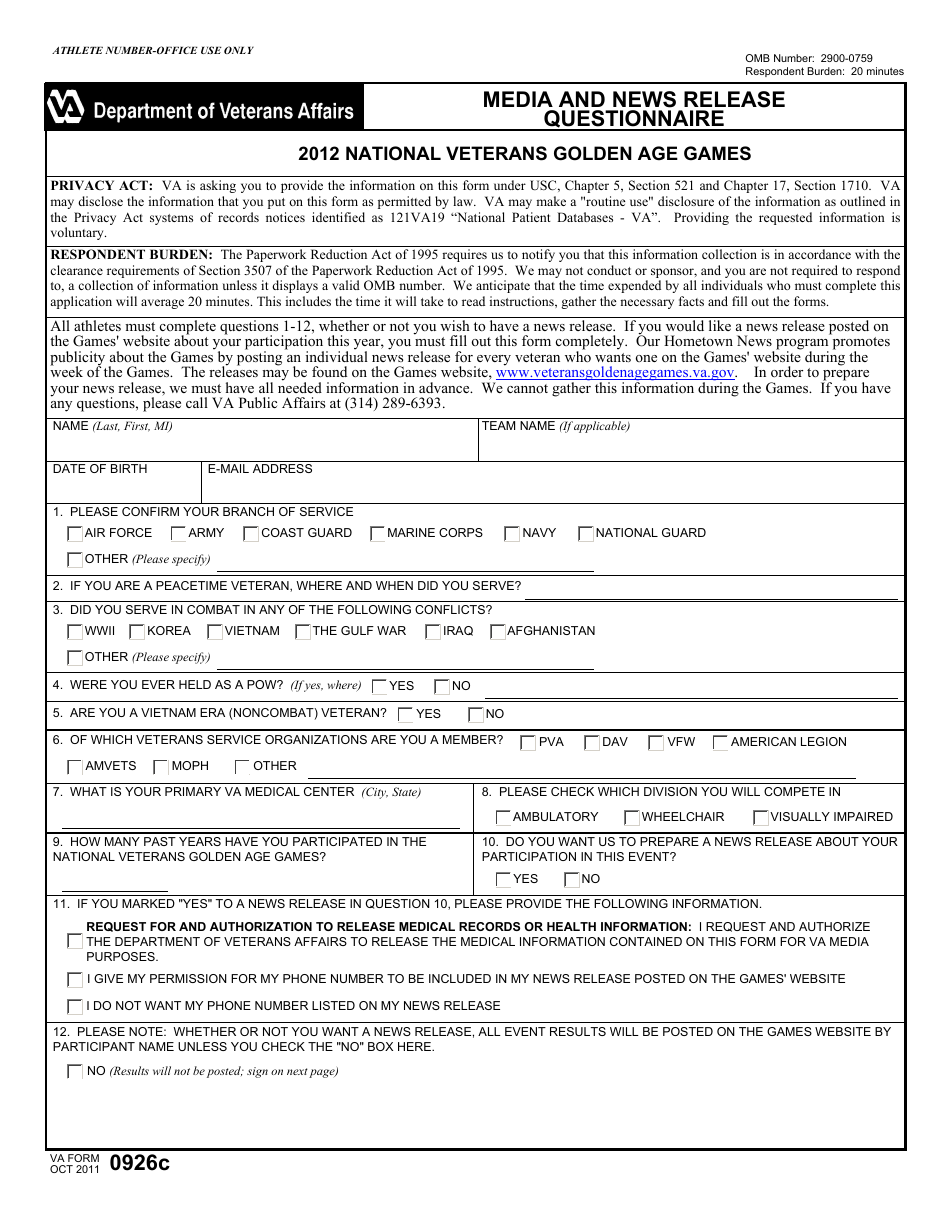 VA Form 0926c Media and News Release Questionnaire, Page 1