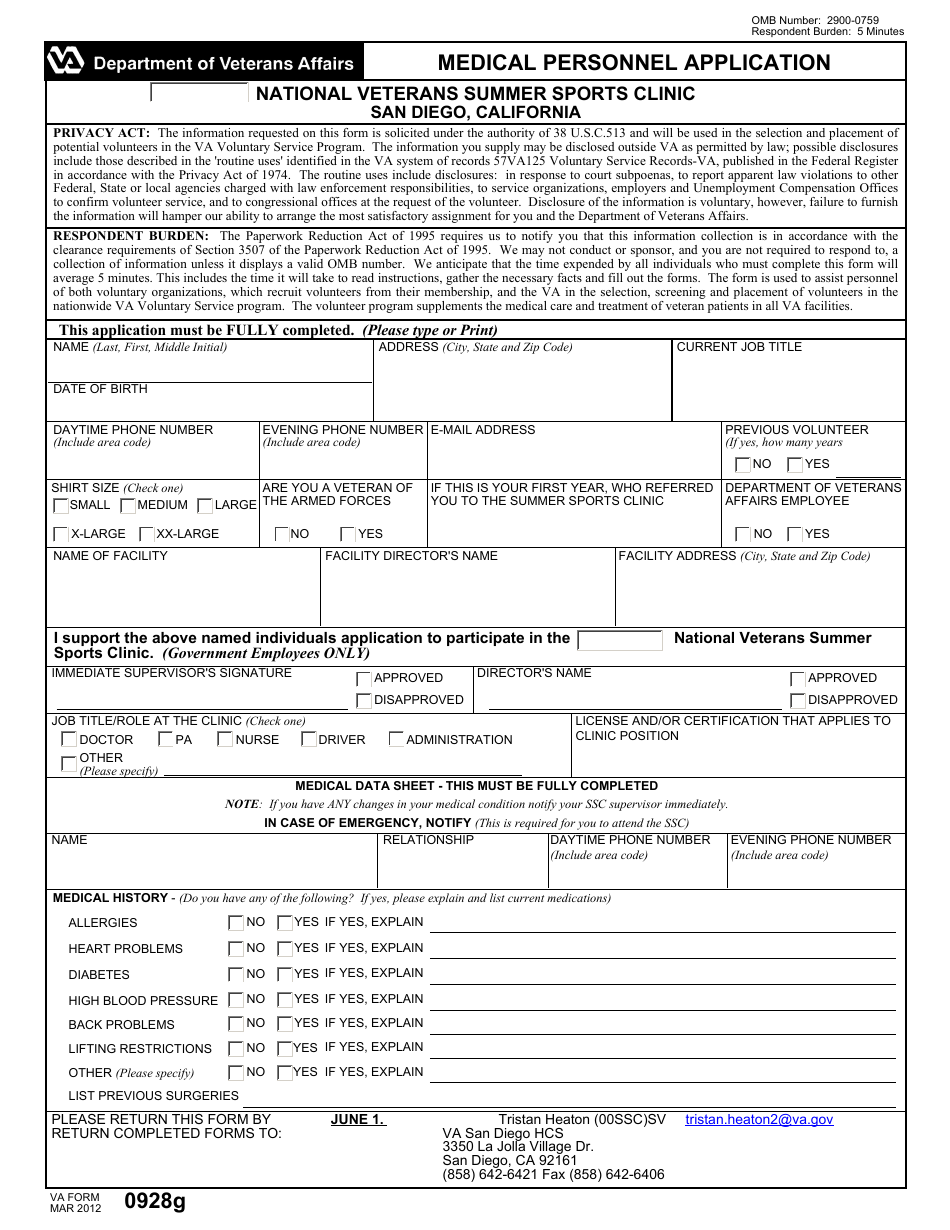 VA Form 0928g Medical Personnel Application, Page 1