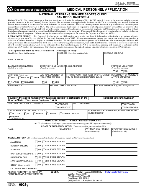 VA Form 0928g Medical Personnel Application
