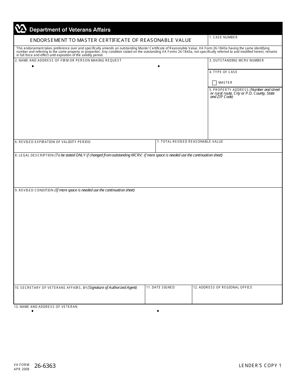 VA Form 26-6363 Endorsement to Master Certificate of Reasonable Value, Page 1