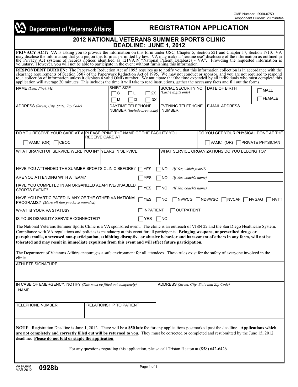 VA Form 0928b National Veterans Summer Sports Clinic Registration Application, Page 1