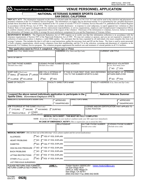 VA Form 0928j Venue Personnel Application