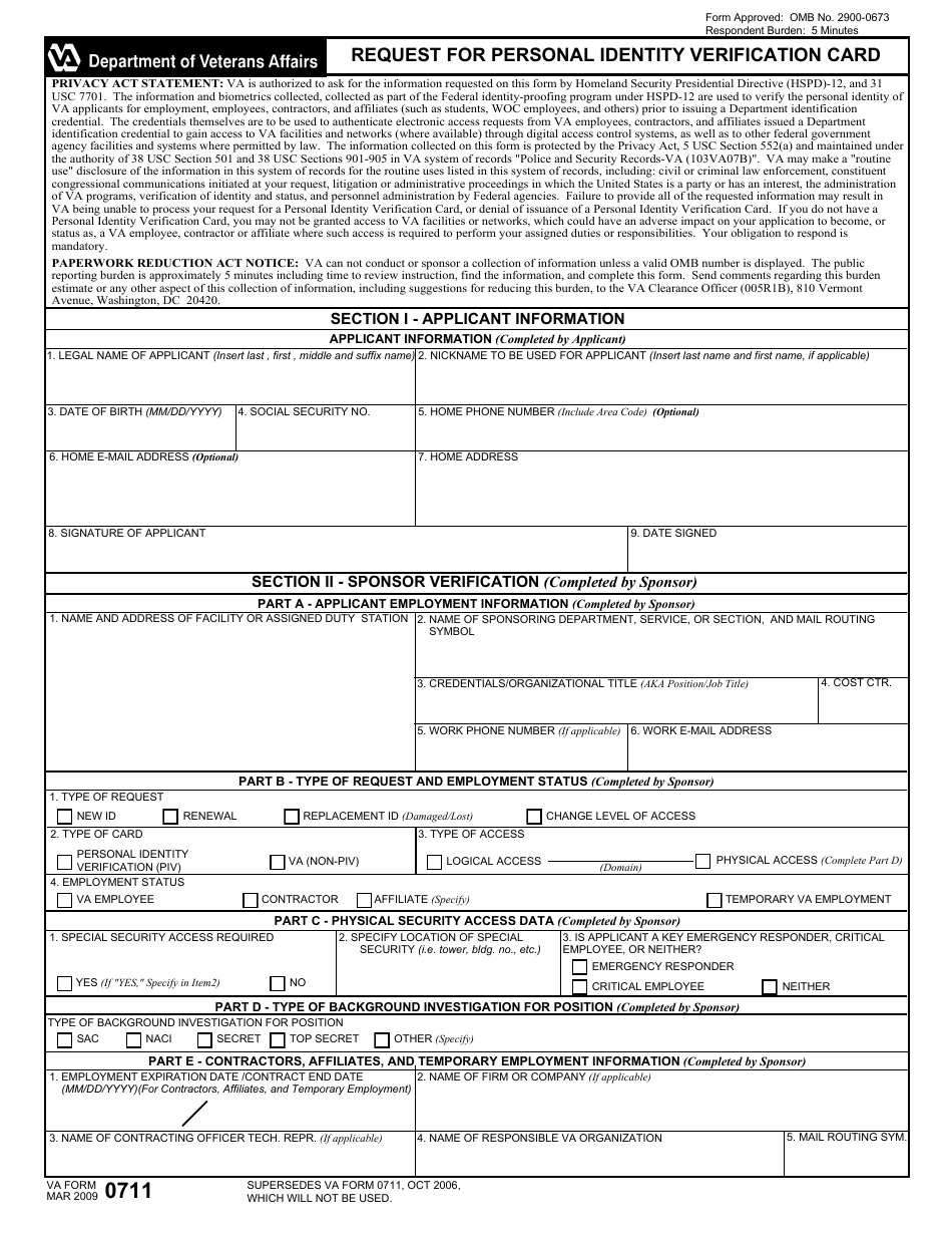 VA Form 0711 Request for Personal Identity Verification Card, Page 1
