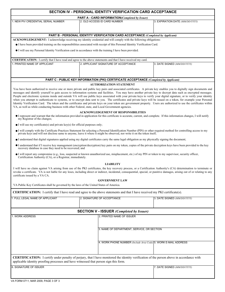 VA Form 0711 Request for Personal Identity Verification Card, Page 3