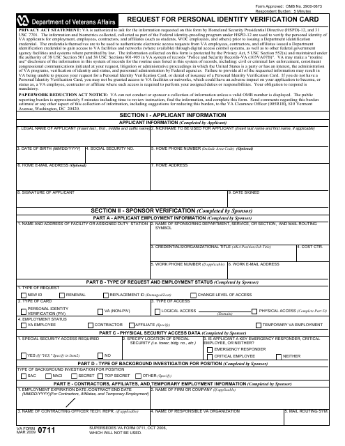 VA Form 0711 Request for Personal Identity Verification Card