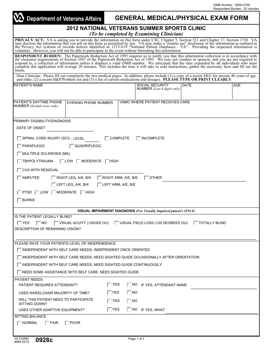 VA Form 0928c National Veterans Summer Sports Clinic General Medical / Physical Exam Form, Page 1