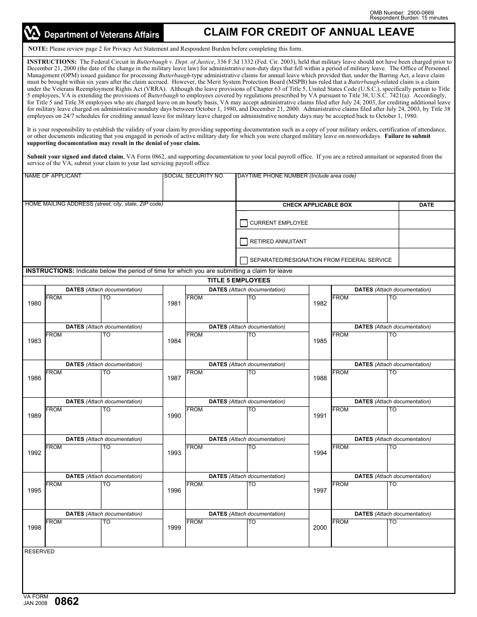 VA Form 0862 Claim for Credit of Annual Leave, Page 1
