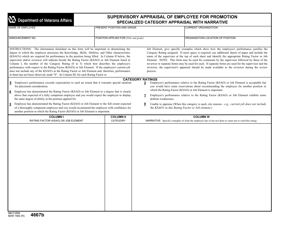 VA Form 4667B Supervisory Appraisal of Employee for Promotion Specialized Category Appraisal With Narrative, Page 1