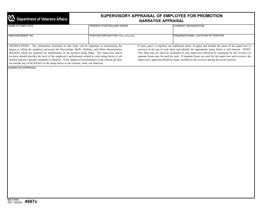 VA Form 4667C Supervisory Appraisal of Employee for Promotion Narrative Appraisal, Page 1