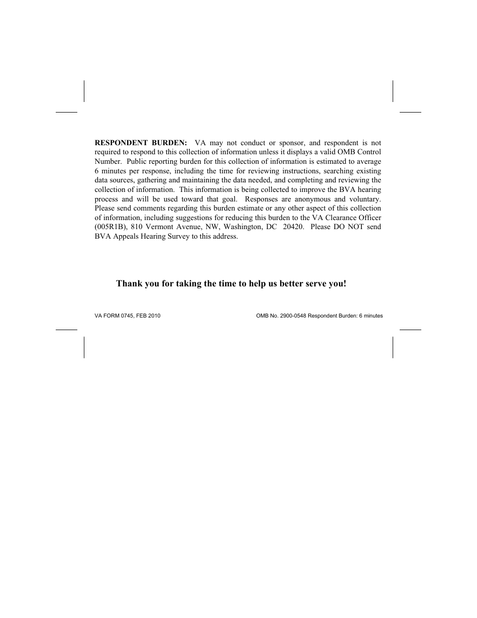 VA Form 0745 Board of Veterans Appeals Hearing Survey Card, Page 2