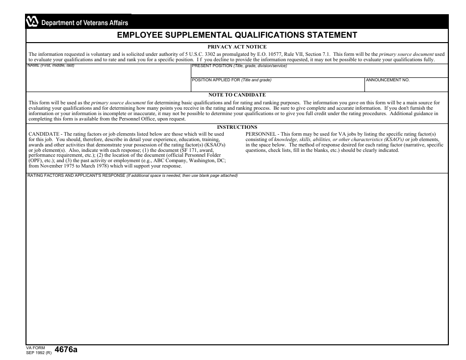 VA Form 4676a Employee Supplemental Qualifications Statement, Page 1