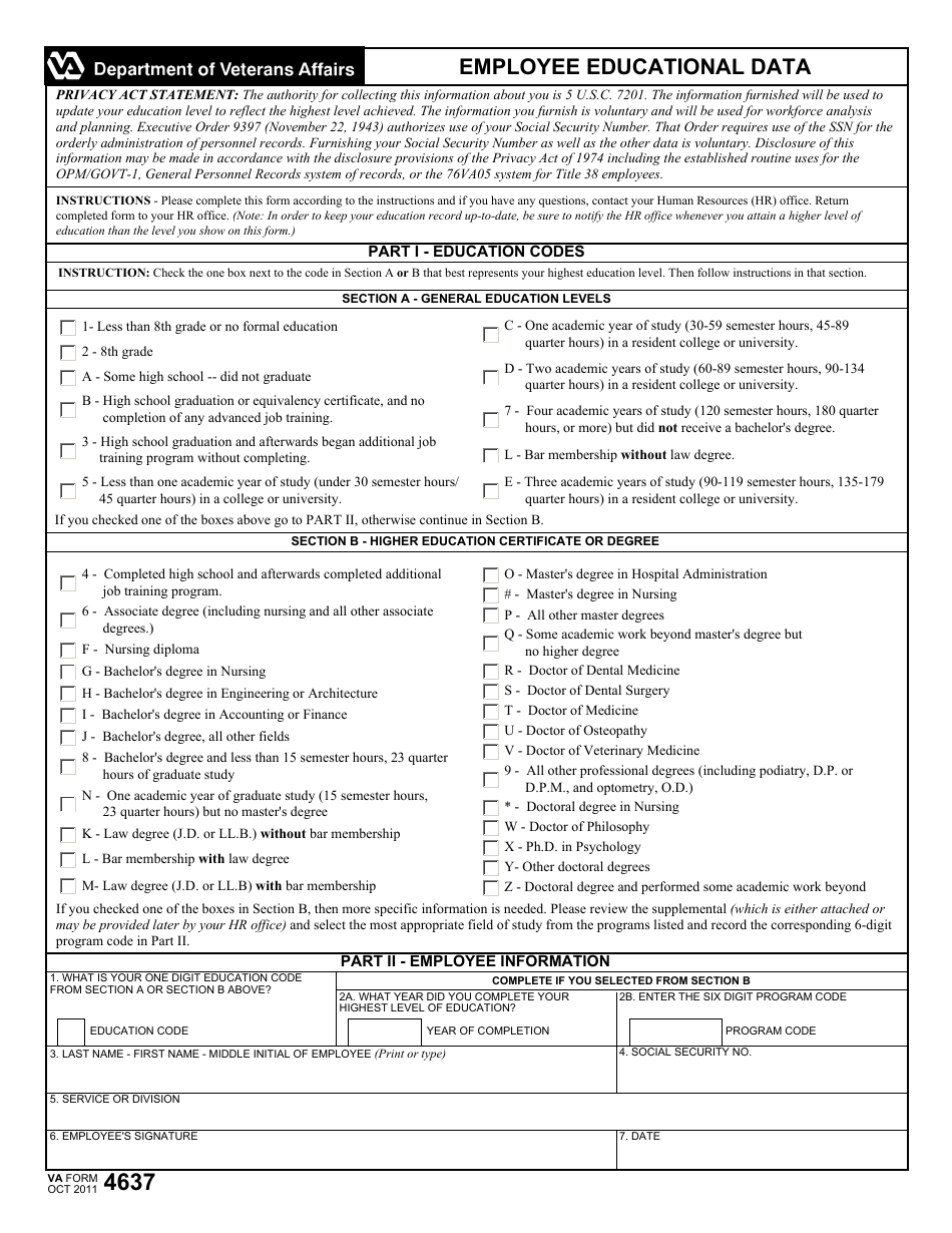 VA Form 4637 Employee Educational Data, Page 1