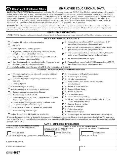 VA Form 4637 Employee Educational Data