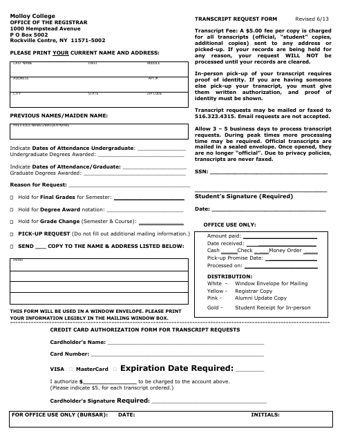 Transcript Request Form - Molloy College Download Pdf