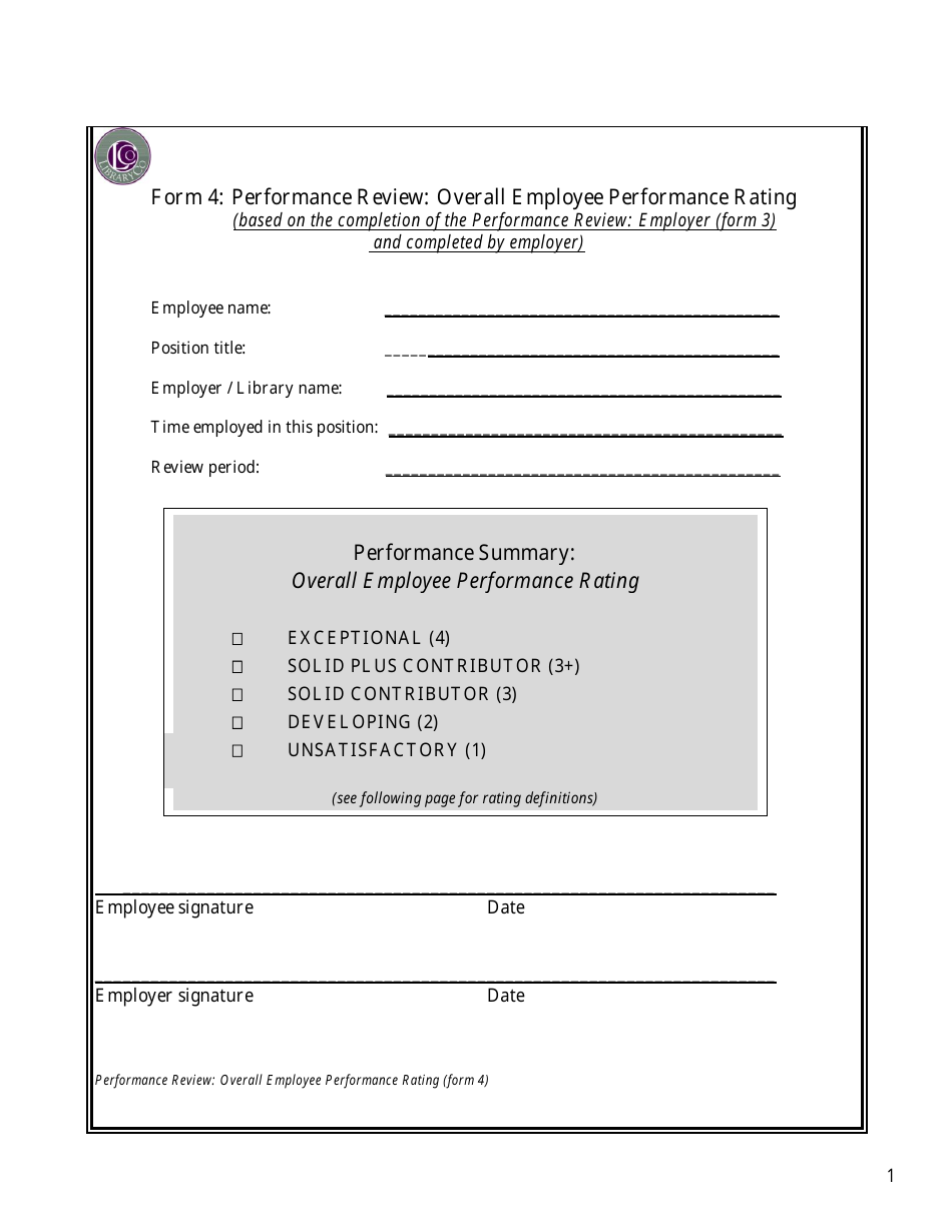 Library Employee Performance Review Form - Overall Employee Performance Rating - Libraryco, Page 1