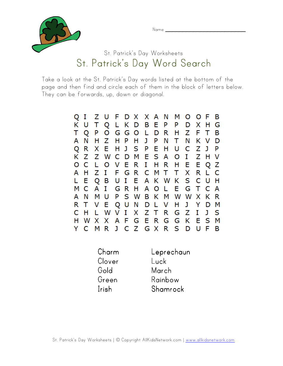 St. Patrick's Day Word Search Activity Sheet Preview