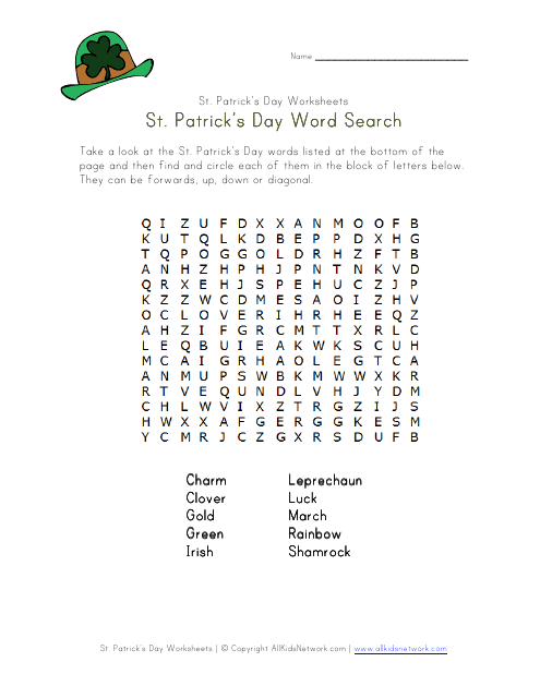 St. Patrick's Day Word Search Activity Sheet