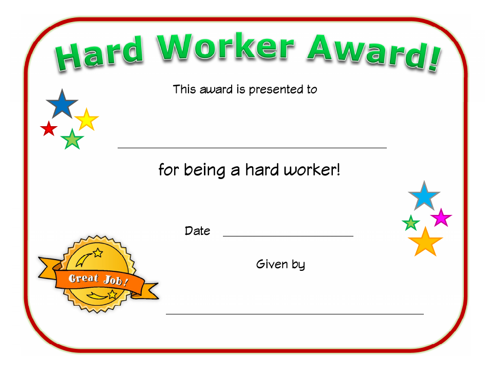 Hard Worker Award Certificate Template Preview