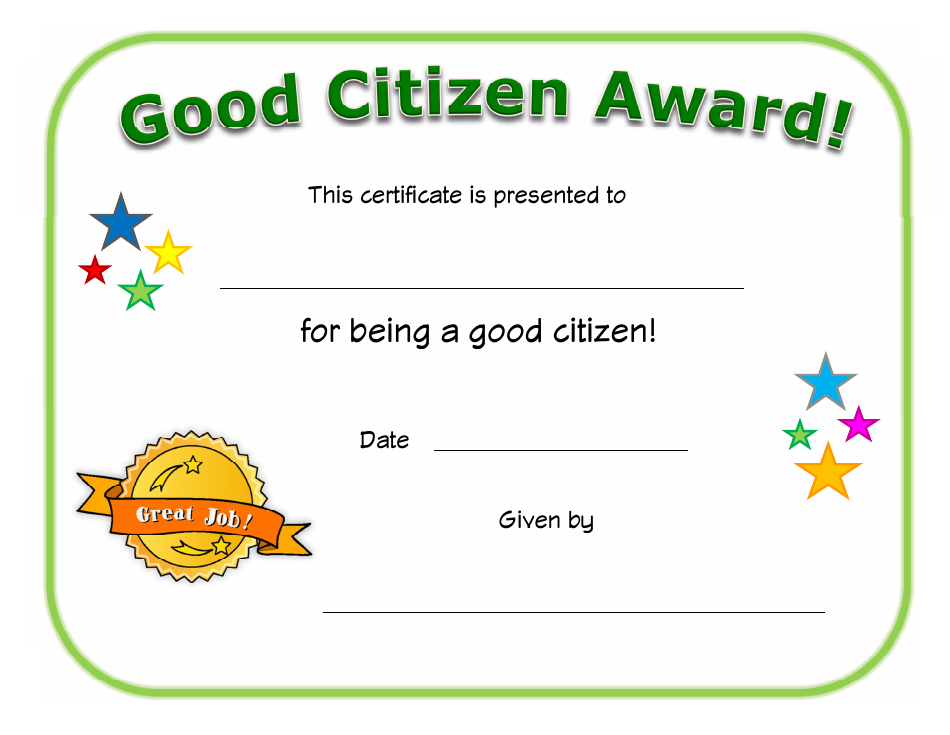 Good Citizen Award Certificate Template - Printable Award Certificate Template for Good Citizens
