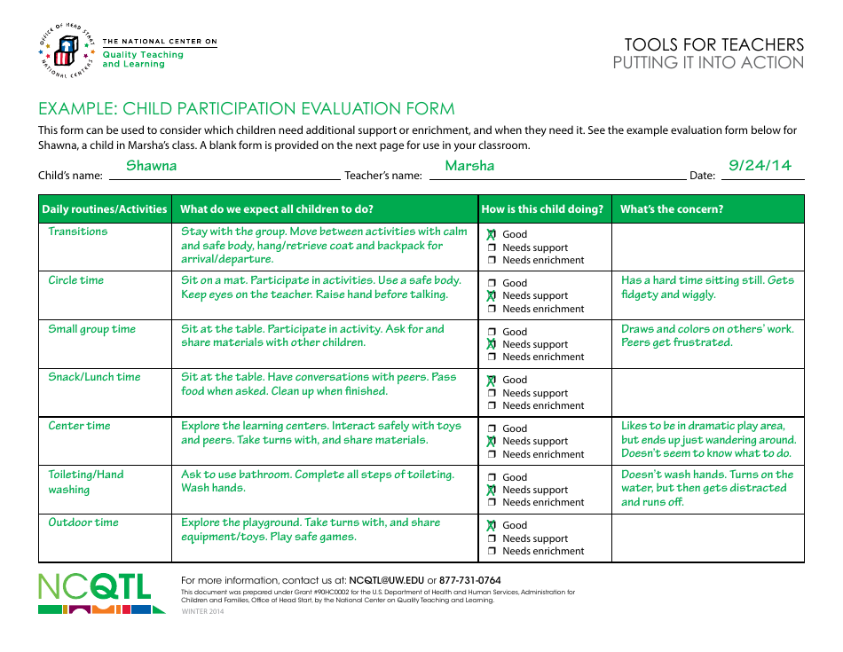 Child Participation Evaluation Form - National Center on Quality Teaching and Learning - Example, Page 1