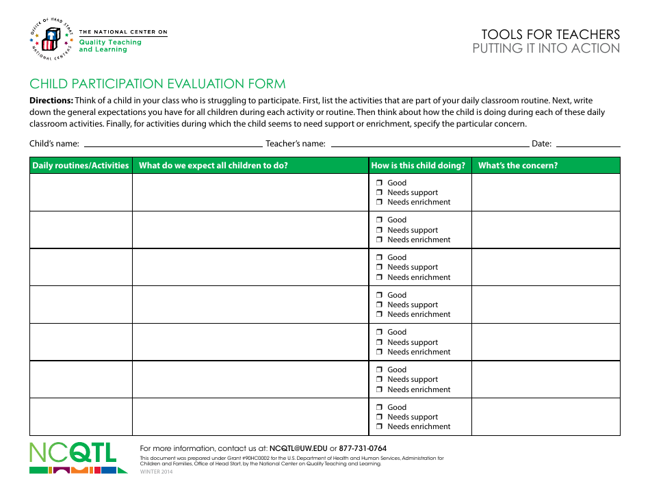 Child Participation Evaluation Form - National Center on Quality Teaching and Learning - Example, Page 2