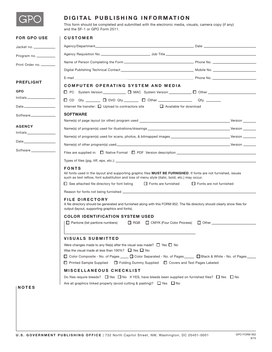 GPO Form 952 Digital Publishing Information, Page 1