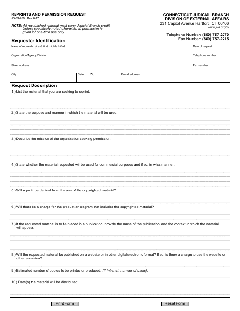 Form JD-ES-209 Reprints and Permission Request - Connecticut